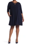 Nina Leonard Three-quarter Sleeve Trapeze Dress In Navy/gold