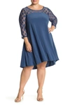 Nina Leonard Hi/lo 3/4 Sleeve Trapeze Dress In Blue Moon