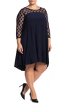 Nina Leonard High-low Three-quarter Sleeve Trapeze Dress In Navy