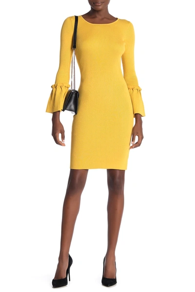 Nina Leonard Ribbed Knit Bell Sleeve Sweater Dress In Mustard