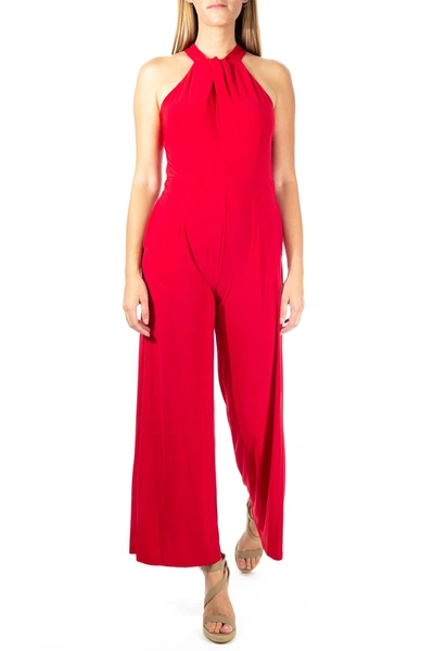 Nina Leonard Twist Halter Ity Knit Jumpsuit In Nina Red