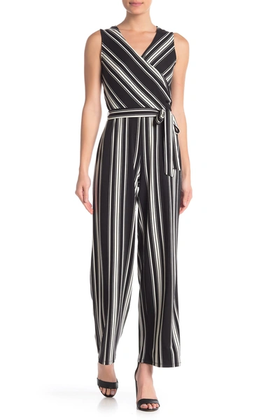Nina Leonard Striped Surplice Sleeveless Jumpsuit In Black Ivory Vertical Stripe