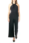 Nina Leonard Twist Halter Ity Knit Jumpsuit In Black