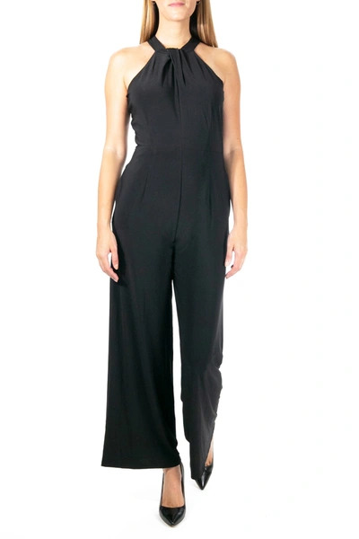 Nina Leonard Twist Halter Ity Knit Jumpsuit In Black