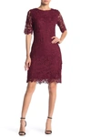 Nina Leonard Jewel Neck Lace Dress In Crimson