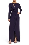 DRESS THE POPULATION NAOMI LONG SLEEVE TWIST CREPE GOWN,843301142693
