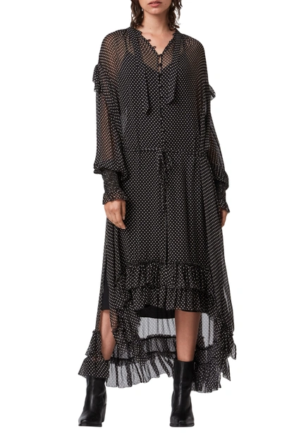 Allsaints Lara Dot Long Sleeve High/low Dress In Black