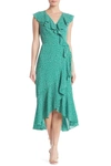 Max Studio Patterned Ruffle Wrap Midi Dress In Kelly Green/ivory Large Poise