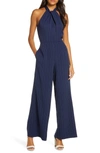 Julia Jordan Knot Front Pinstripe Halter Jumpsuit In Navy/ivory