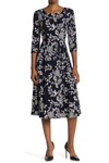 Nina Leonard Floral Scoop Neck Midi Dress In Navy/teal