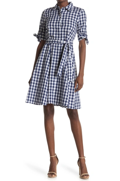 Calvin Klein Short Sleeve Checkered Print Dress In Ind Wht 1