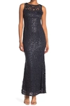 Marina Sequin Illusion Lace Trumpet Gown In Gun