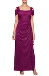 Alex Evenings Cold Shoulder Ruffle Glitter Gown In Berry