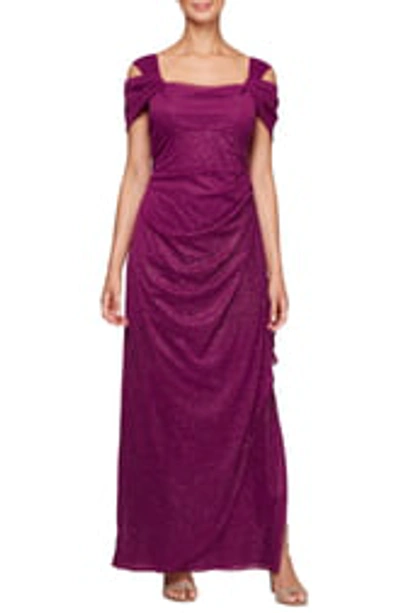 Alex Evenings Cold Shoulder Ruffle Glitter Gown In Berry