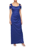 Alex Evenings Cold-shoulder Draped Metallic Gown Regular & Petite Sizes In Royal