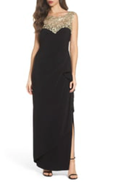 Alex Evenings Embroidered Side Ruched Gown In Black Gold