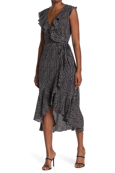 Max Studio Patterned Ruffle Wrap Midi Dress In Blkivold black ivory Linear Dot ModeSens