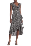 Max Studio Patterned Ruffle Wrap Midi Dress In Black/maize Ditsy Orchid
