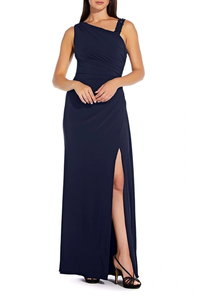 Adrianna Papell Asymmetrical Neck Vent Dress In Midnight