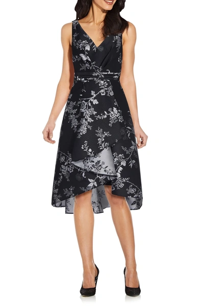 Adrianna Papell Plus Size Floral-print High-low Dress In Blacksilvr