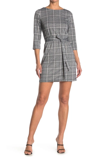 Papillon Plaid 3/4 Sleeve Waist Tie Dress In Grey/black