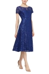 Slny Cap Sleeve Metallic Lace Dress In Iris