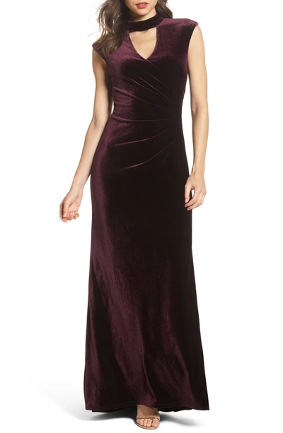 Eliza J Side Pleated Velvet Choker Gown In Maroon