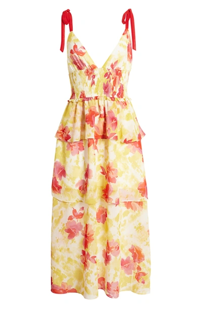 4si3nna Tiered Floral Midi Sundress In Yellow Red Floral