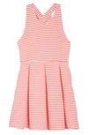 Ava & Yelly Kids' Stripe Bow Back Skater Dress In Coral/white