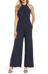 Julia Jordan Knot Front Pinstripe Halter Jumpsuit In Navy