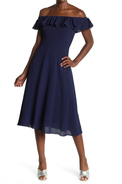 Betsey Johnson Off-the-shoulder Pebble Crepe Dress In Navy