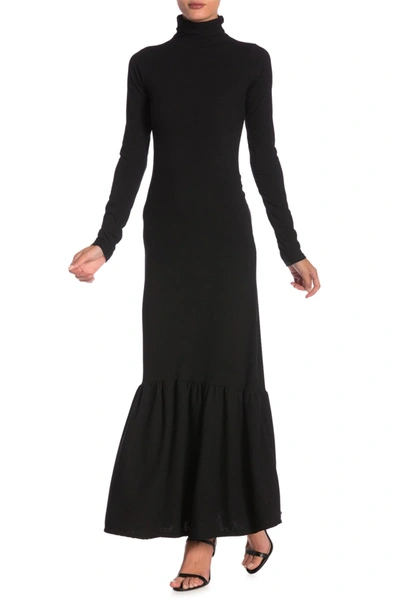 Go Couture Long Sleeve Turtleneck Maxi Dress In Black Rib