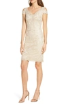 Tadashi Shoji Embroidered Cold Shoulder Sheath Dress In Latte/gold