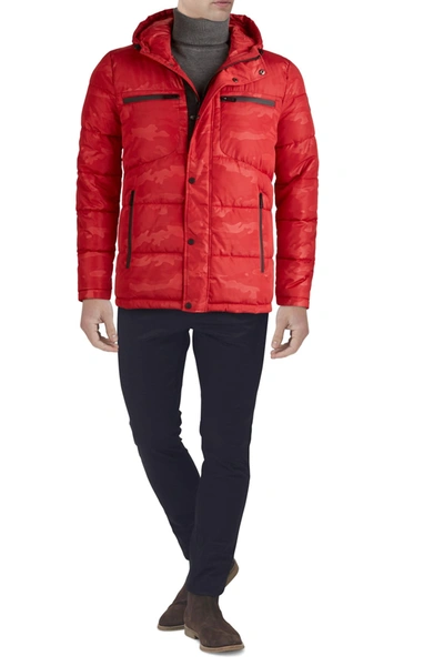 Kenneth Cole Camo Print Hooded Puffer Jacket In Red