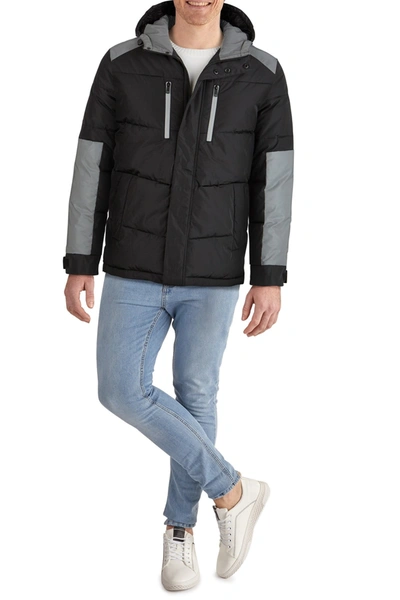 Kenneth Cole Colorblock Hooded Puffer Jacket In Black