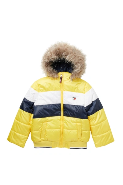 Tommy Hilfiger Kids' Colorblock Puffer With Removable Faux Fur Hood In Dandelion