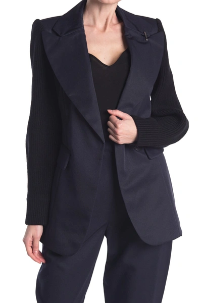 Tibi Twill Peak Lapel Ribbed Sleeve Blazer In Abyss/black Multi