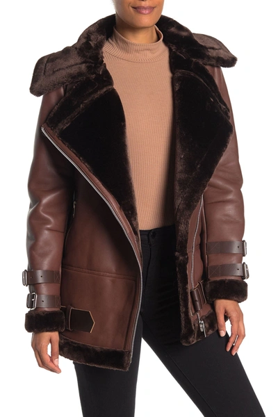 Walter Baker Adele Faux Shearling Lined Leather Jacket In Cognac/brown