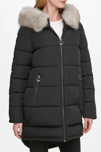 Dkny Zip Front Puffer With Faux Fur Trim Hood In Black