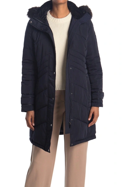 Dkny Button Down Coat With Faux Fur Hood In Navy