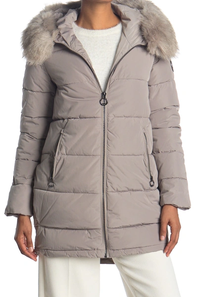 Dkny Zip Front Coat With Faux Fur Hood In Thistle