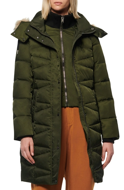 Andrew Marc Malabar Bib Front Faux Fur Trim Quilted Puffer Jacket In Hunter