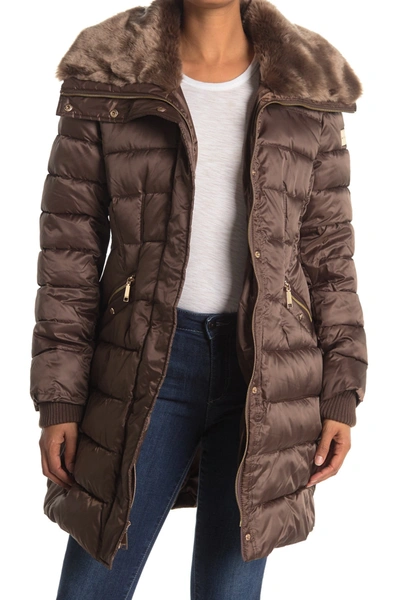 Nine West Faux Fur Lined Hood Puffer Jacket In Cocoa ModeSens