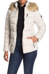 Nautica Short Puffer With Faux Fur Hood In Cement