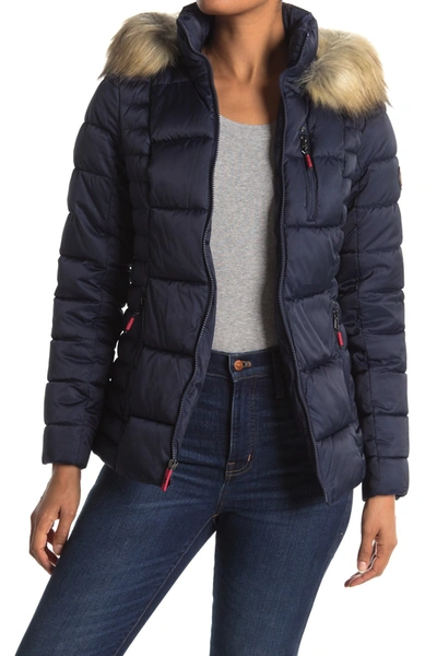 Nautica Short Puffer With Faux Fur Hood In Navy Seas