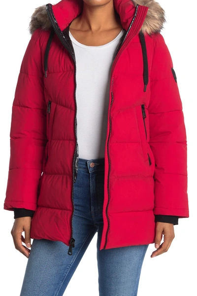 Vince Camuto Short Puffer Jacket With Faux Fur Hood In Red
