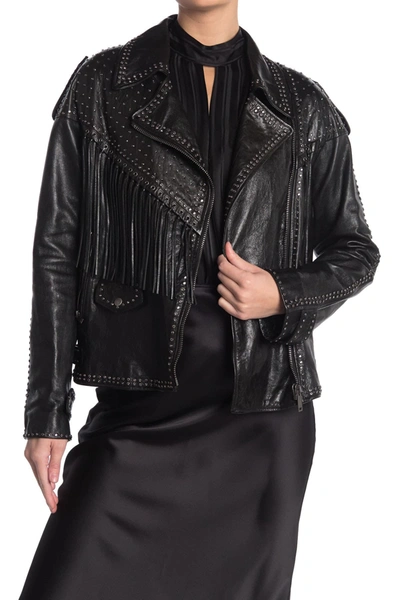 Valentino Studded Fringe Leather Moto Jacket In Nero