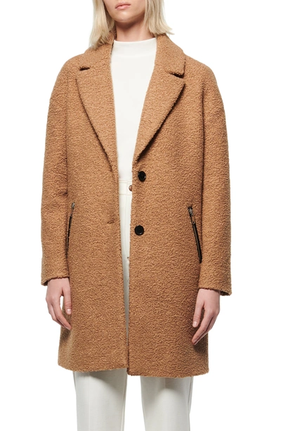 Andrew Marc Faux Shearling Car Coat In Camel