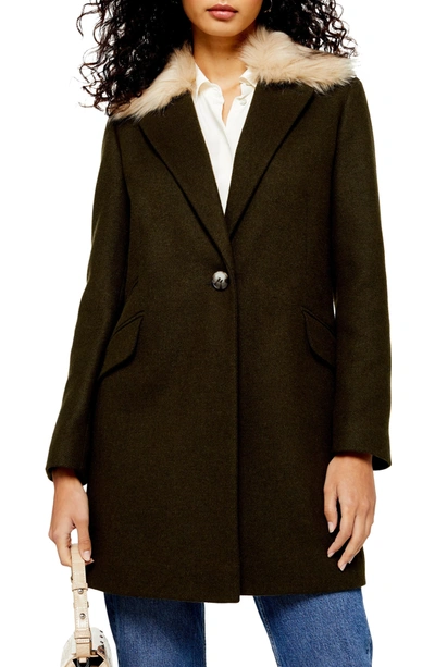 Topshop Monica Faux Fur Collar Coat In Olive