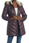 Laundry By Shelli Segal Faux Fur Trimmed Cinched Waist Puffer Jacket In Eggplant